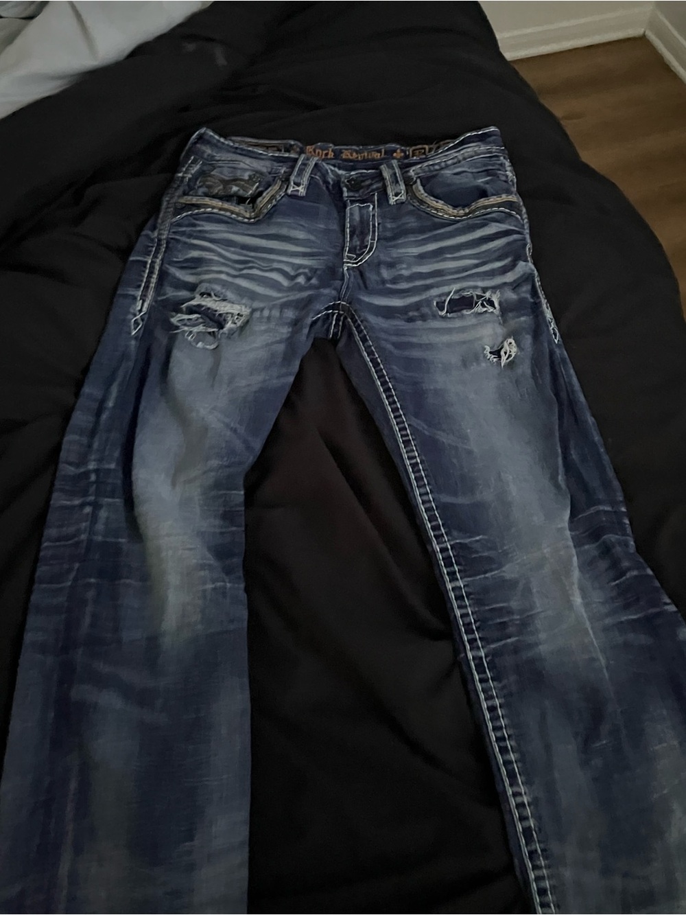 Rock Revival Dark Blue Embroidered Waistband Jeans